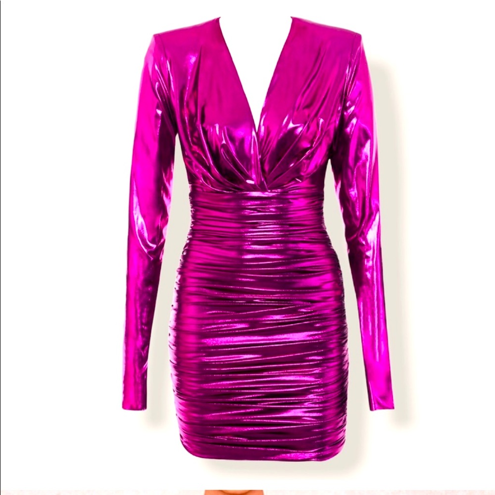 💗Host Pick💗House of CB | Zandra metallic pink deep V ruched dress